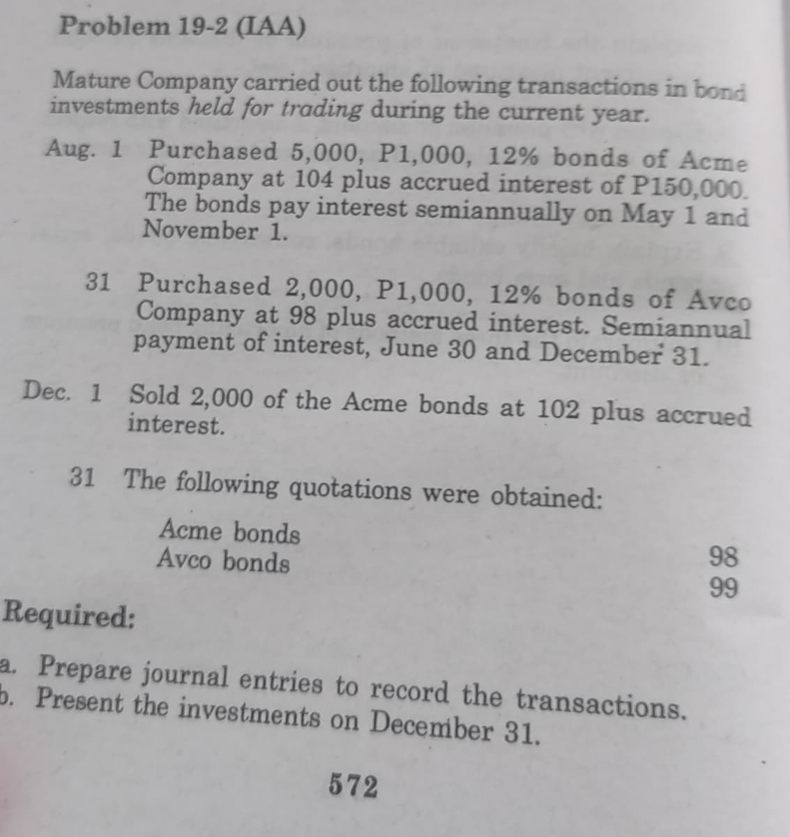 Problem 19-2 (IAA)
Mature Company carried out the following transactions in bond
investments held for trading during the current year.
Aug. 1 Purchased 5,000, P1,000, 12% bonds of Acme
Company at 104 plus accrued interest of P150,000.
The bonds pay interest semiannually on May 1 and
November 1.
31 Purchased 2,000, P1,000, 12% bonds of Avco
Company at 98 plus accrued interest. Semiannual
payment of interest, June 30 and December 31.
Dec. 1 Sold 2,000 of the Acme bonds at 102 plus accrued
interest.
31 The following quotations were obtained:
Acme bonds
Avco bonds
98
99
Required:
a. Prepare journal entries to record the transactions.
b. Present the investments on December 31.
572
