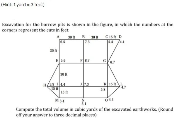 (Hint: 1 yard = 3 feet)
Excavation for the borrow pits is shown in the figure, in which the numbers at the
corners represent the cuts in feet.
A 30 ft B 30 ft C 15 ft D
| 7.3
6.5
5.4 74.4
30 ft
E 5.6
F 8.7
G/6.7
30 ft
H/3.9 I4.4
15 ft
| 15 fA
K 15 ft\L
4.7
J7.3
5.8
M 3.4
044
5.1
Compute the total volume in cubic yards of the excavated earthworks. (Round
off your answer to three decimal places)
