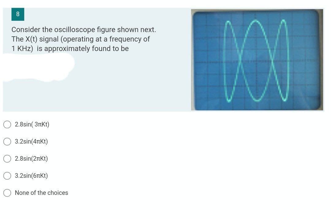 MOO
Consider the oscilloscope figure shown next.
The X(t) signal (operating at a frequency of
1 KHz) is approximately found to be
2.8sin( 3nkt)
3.2sin(4TtKt)
2.8sin(2tkt)
3.2sin(6tKt)
None of the choices
