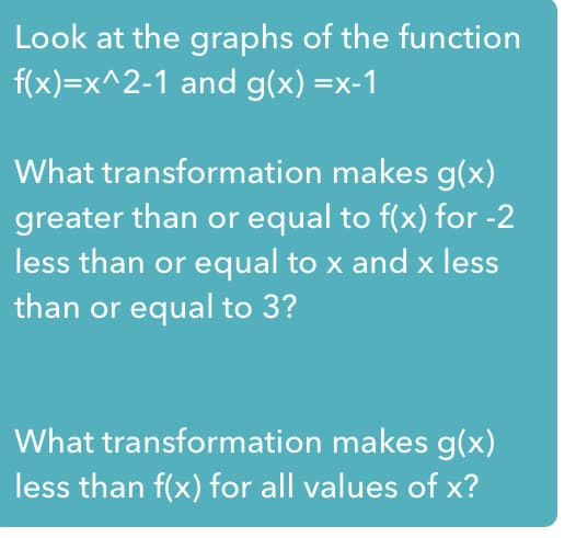 Look at the graphs of the function
f(x)=x^2-1 and g(x) =x-1
What transformation makes g(x)
greater than or equal to f(x) for -2
less than or equal to x and x less
than or equal to 3?
What transformation makes g(x)
less than f(x) for all values of x?
