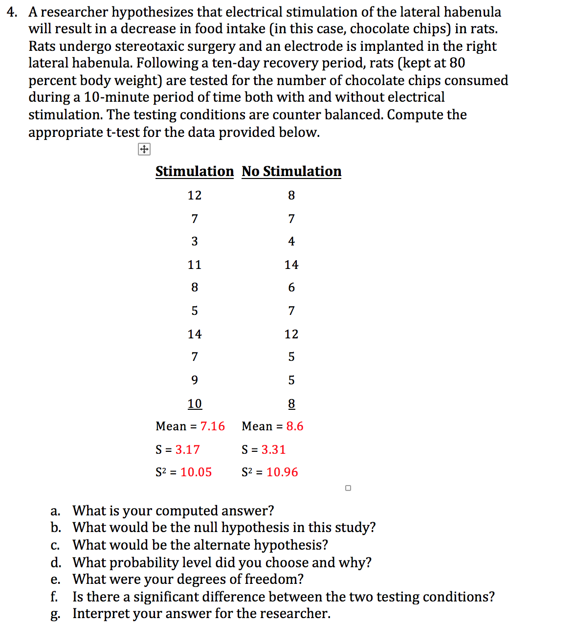 4. A researcher hypothesizes that electrical stimulation of the lateral habenula
will result in a decrease in food intake (in this case, chocolate chips) in rats.
Rats undergo stereotaxic surgery and an electrode is implanted in the right
lateral habenula. Following a ten-day recovery period, rats (kept at 80
percent body weight) are tested for the number of chocolate chips consumed
during a 10-minute period of time both with and without electrical
stimulation. The testing conditions are counter balanced. Compute the
appropriate t-test for the data provided below.
Stimulation No Stimulation
12
8
7
7
3
4
11
14
8.
7
14
12
7
5
9.
5
10
Mean = 7.16
Mean = 8.6
S = 3.17
S = 3.31
S2 = 10.05
S2 = 10.96
a. What is your computed answer?
b. What would be the null hypothesis in this study?
c. What would be the alternate hypothesis?
d. What probability level did you choose and why?
e. What were your degrees of freedom?
f. Is there a significant difference between the two testing conditions?
g. Interpret your answer for the researcher.
col
