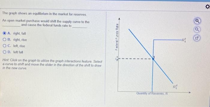 The graph shows an equilibrium in the market for reserves.
An open market purchase would shift the supply curve to the
and cause the federal funds rate to
A. right, fall
OB. right, rise
OC. left, rise
OD. left fall
Hint: Click on the graph to utilize the graph interactions feature. Select
a curve to shift and move the slider in the direction of the shift to draw
in the new curve.
Federal Funds Rate
Quantity of Reserves. R
Ro
-R₁
SOU