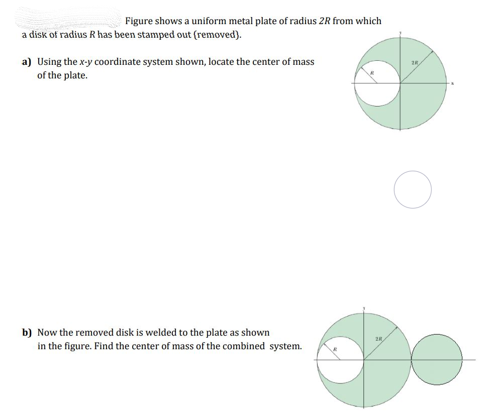 Figure shows a uniform metal plate of radius 2R from which
a disk of radius R has been stamped out (removed).
a) Using the x-y coordinate system shown, locate the center of mass
2R
of the plate.
b) Now the removed disk is welded to the plate as shown
2R
in the figure. Find the center of mass of the combined system.
