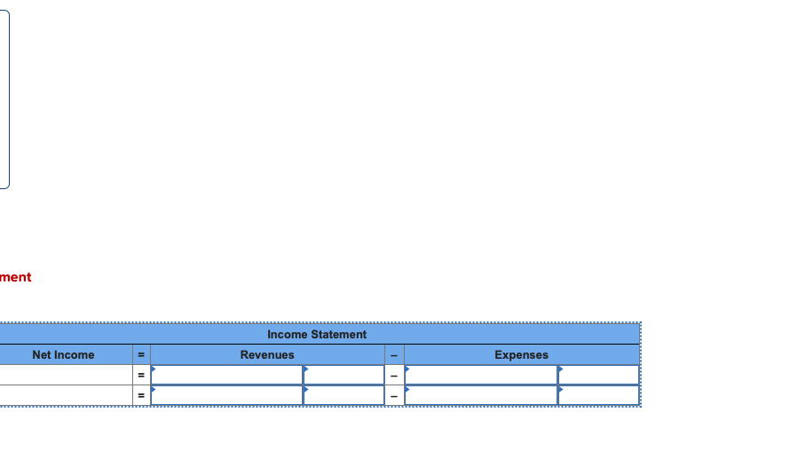 ment
Income Statement
Net Income
Revenues
Expenses
II
II
II
