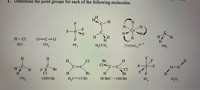 1. Determine the point groups for each of the following molecules:
N-
F-P
F
H.
H.
H-CI
0-C=0
F
H
H.
co,
HCI
PF,
H,CCH,
(Co(en), }>« *
NH,
H.
H
Br
H.
F
CI~c-C.
F-S
F
F7
CI
CI
0-0
H.
Br
F
H
CH
H.
Br
Br
F
CHFCIBr
H,C=CCIBr
HCIBrC-CHCIBR
SF
H,0,
