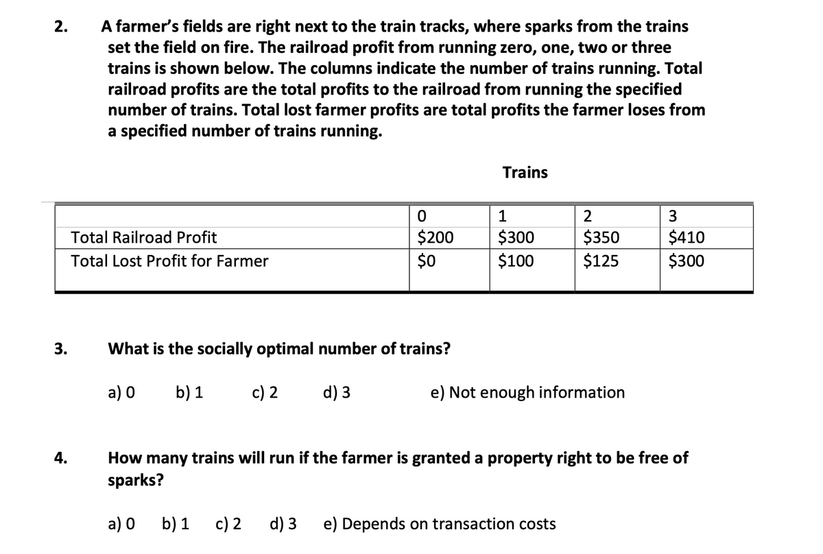 A farmer's fields are right next to the train tracks, where sparks from the trains
set the field on fire. The railroad profit from running zero, one, two or three
trains is shown below. The columns indicate the number of trains running. Total
railroad profits are the total profits to the railroad from running the specified
number of trains. Total lost farmer profits are total profits the farmer loses from
a specified number of trains running.
2.
Trains
1
2
3
$200
$0
$300
$100
$350
$125
Total Railroad Profit
$410
Total Lost Profit for Farmer
$300
What is the socially optimal number of trains?
a) 0
b) 1
c) 2
d) 3
e) Not enough information
How many trains will run if the farmer is granted a property right to be free of
sparks?
4.
a) 0
b) 1
c) 2
d) 3
e) Depends on transaction costs
3.
