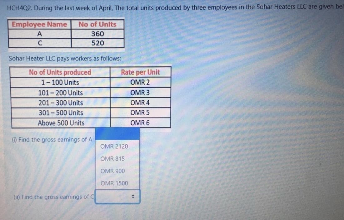 HCH4Q2. During the last week of April, The total units produced by three employees in the Sohar Heaters LLC are given bel
Employee Name
No of Units
A
360
520
Sohar Heater LLC pays workers as follows:
No of Units produced
1-100 Units
101-200 Units
201-300 Units
301-500 Units
Rate per Unit
OMR 2
OMR 3
OMR 4
OMR 5
Above 500 Units
OMR 6
(i) Find the gross earnings of A
OMR 2120
OMR 815
OMR 900
OMR 1500
(ii) Find the gross earnings of C
