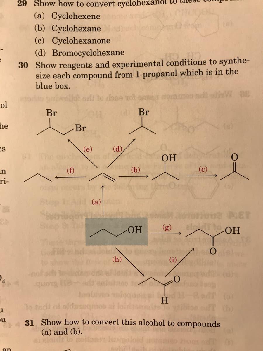 29 Show how to convert cyclohexanol to
(a) Cyclohexene
from
(b) Cyclohexane
(c) Cyclohexanone
(d) Bromocyclohexane
30 Show reagents and experimental conditions to synthe-
size each compound from 1-propanol which is in the
blue box.
ed lo done ro
ad othW 88
Lol
Br
di Br
he
Br
(e)
es
(e)
OH
in
(f)
(b)
(c)
ri-
(a)
eler to OH
OH
(h)
H.
To tedd
(h)
31 Show how to convert this alcohol to compounds
(a) and (b).
an
