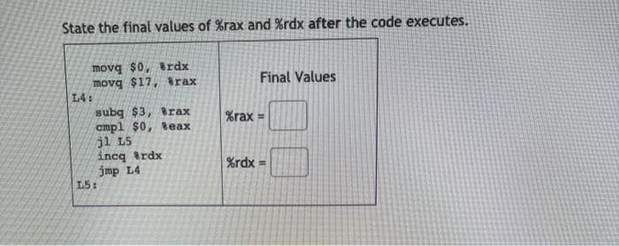 State the final values of %rax and %rdx after the code executes.
movg $0, rdx
movq $17, rax
L4:
Final Values
subq $3, rax
cmpl $0, eax
ji L5
incq trdx
jmp L4
L5:
%rax =
%rdx =
