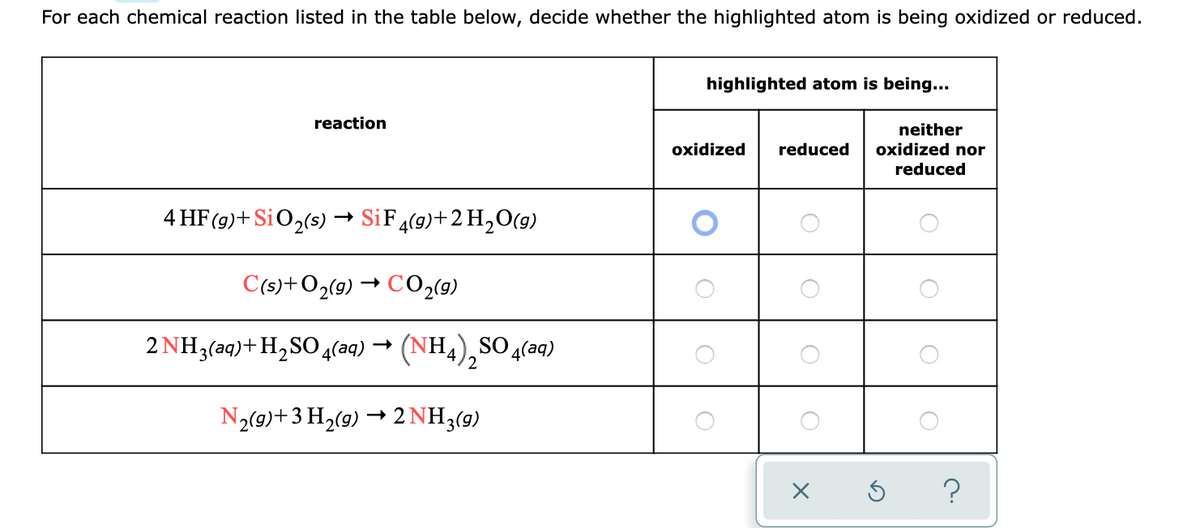 For each chemical reaction listed in the table below, decide whether the highlighted atom is being oxidized or reduced.
highlighted atom is being...
reaction
neither
oxidized nor
oxidized
reduced
reduced
4 HF (9)+ SiO2(s)
→ SİF4(9)+2 H,O(g)
C(s)+O2(9) → CO2(9)
2 NH3(aq)+H,SO4(aq) → (NH4),SO4(aq)
N2(9)+3 H2(9) → 2 NH3(9)
?
