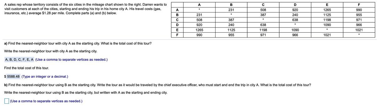 A sales rep whose territory consists of the six cities in the mileage chart shown to the right. Darren wants to
visit customers at each of the cities, starting and ending his trip in his home city A. His travel costs (gas,
insurance, etc.) average $1.28 per mile. Complete parts (a) and (b) below.
A
В
E
F
A
*
231
508
920
1265
990
В
231
387
240
1125
*
955
508
387
971
*
638
1198
920
240
638
1090
966
E
1265
1125
1198
1090
1021
F
990
955
971
966
1021
*
a) Find the nearest-neighbor tour with city A as the starting city. What is the total cost of this tour?
Write the nearest-neighbor tour with city A as the starting city.
A, B, D, C, F, E, A (Use a comma to separate vertices as needed.)
Find the total cost of this tour.
$ 5588.48 (Type an integer or a decimal.)
b) Find the nearest-neighbor tour using B as the starting city. Write the tour as it would be traveled by the chief executive officer, who must start and end the trip in city A. What is the total cost of this tour?
Write the nearest-neighbor tour using B as the starting city, but written with A as the starting and ending city.
(Use a comma to separate vertices as needed.)
