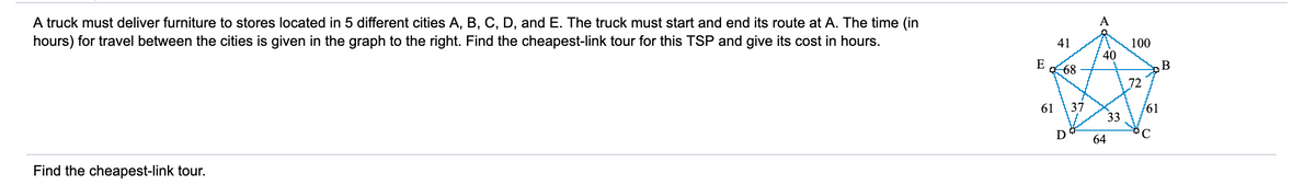 A truck must deliver furniture to stores located in 5 different cities A, B, C, D, and E. The truck must start and end its route at A. The time (in
hours) for travel between the cities is given in the graph to the right. Find the cheapest-link tour for this TSP and give its cost in hours.
A
41
100
40
E
68
В
72
61
37
/61
33
D
'C
64
Find the cheapest-link tour.
