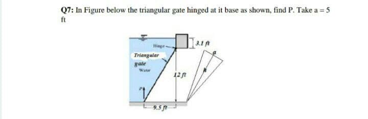 Q7: In Figure below the triangular gate hinged at it base as shown, find P. Take a = 5
ft
Triangular
gate
Water
12ft
L9.5
