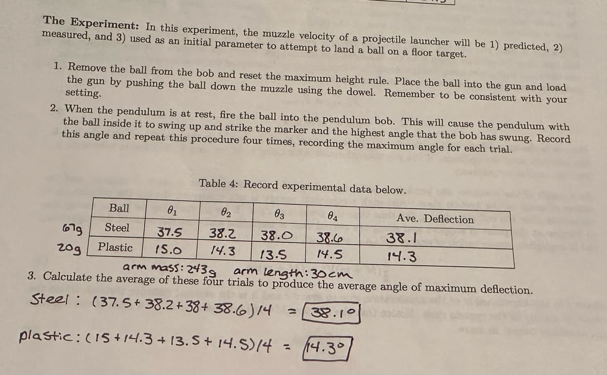 The Experiment: In this experiment, the muzzle velocity of a projectile launcher will be 1) predicted, 2)
measured, and 3) used as an initial parameter to attempt to land a ball on a floor target.
1. Remove the ball from the bob and reset the maximum height rule. Place the ball into the gun and load
the gun by pushing the ball down the muzzle using the dowel. Remember to be consistent with your
setting.
2. When the pendulum is at rest, fire the ball into the pendulum bob. This will cause the pendulum with
the ball inside it to swing up and strike the marker and the highest angle that the bob has swung. Record
this angle and repeat this procedure four times, recording the maximum angle for each trial.
67g
20g
Ball
Steel
Plastic
0₁
37.5
15.0
Table 4: Record experimental data below.
02
03
38.2 38.0
14.3 13.5
04
38.6
14.5
Ave. Deflection
38.1
14.3
arm mass: 243g
arm length: 30cm
3. Calculate the average of these four trials to produce the average angle of maximum deflection.
Steel: (37.5+ 38.2+38+ 38.6)14 = 38.10
plastic: (15+14.3 + 13.5+ 14.5)/4
14.30