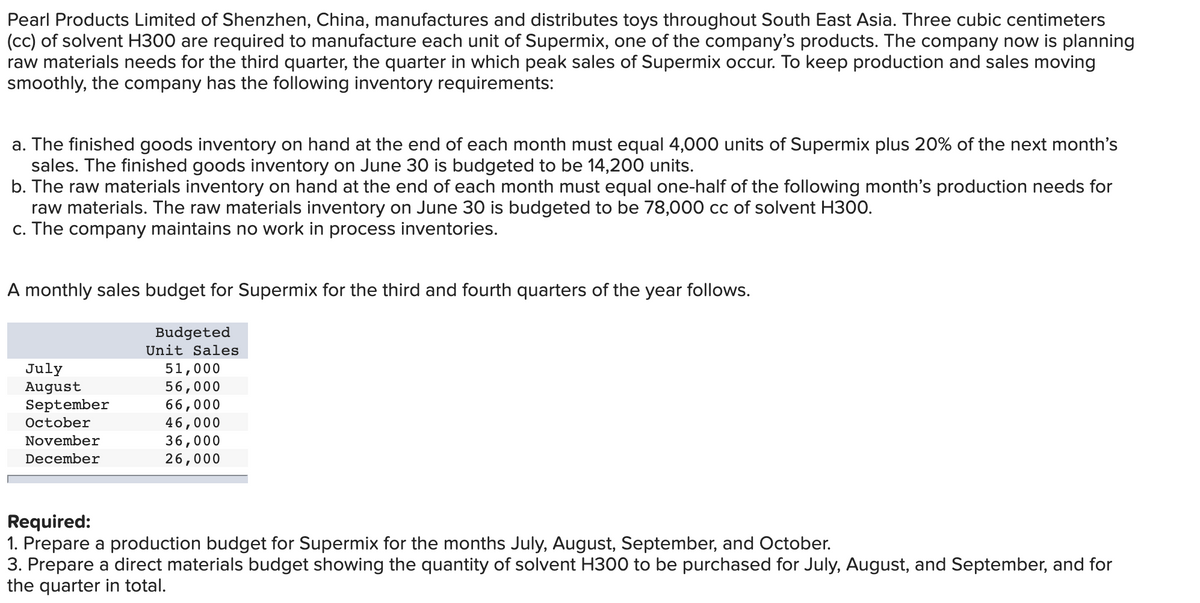 Pearl Products Limited of Shenzhen, China, manufactures and distributes toys throughout South East Asia. Three cubic centimeters
(cc) of solvent H300 are required to manufacture each unit of Supermix, one of the company's products. The company now is planning
raw materials needs for the third quarter, the quarter in which peak sales of Supermix occur. To keep production and sales moving
smoothly, the company has the following inventory requirements:
a. The finished goods inventory on hand at the end of each month must equal 4,000 units of Supermix plus 20% of the next month's
sales. The finished goods inventory on June 30 is budgeted to be 14,200 units.
b. The raw materials inventory on hand at the end of each month must equal one-half of the following month's production needs for
raw materials. The raw materials inventory on June 30 is budgeted to be 78,000 cc of solvent H300.
c. The company maintains no work in process inventories.
A monthly sales budget for Supermix for the third and fourth quarters of the year follows.
July
August
September
October
November
December
Budgeted
Unit Sales
51,000
56,000
66,000
46,000
36,000
26,000
Required:
1. Prepare a production budget for Supermix for the months July, August, September, and October.
3. Prepare a direct materials budget showing the quantity of solvent H300 to be purchased for July, August, and September, and for
the quarter in total.