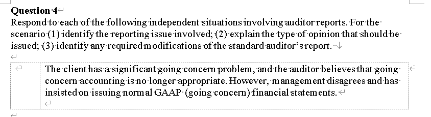 Question 4
Respond to each of the following independent situations involving auditor reports. For the
scenario (1) identify the reporting issue involved; (2) explain the type of opinion that should be-
issued; (3) identify any requiredmodifications of the standard auditor'sreport. t
The client has a significant going concern problem, and the auditor believes that going
concern accounting is no longer appropriate. However, management disagrees and has
insisted on issuing normal GAAP (going concern) financial statements.
