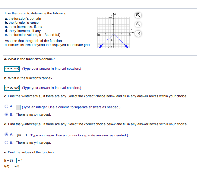 Use the graph to determine the following.
10-
a. the function's domain
b. the function's range
c. the x-intercepts, if any
d. the y-intercept, if any
e. the function values, i(- 3) and f(4).
51
Assume that the graph of the function
continues its trend beyond the displayed coordinate grid.
-101
a. What is the function's domain?
(- 00,00) (Type your answer in interval notation.)
b. What is the function's range?
(- 0,00) (Type your answer in interval notation.)
c. Find the x-intercept(s), if there are any. Select the correct choice below and fill in any answer boxes within your choice.
O A.
| (Type an integer. Use a comma to separate answers as needed.)
B. There is no x-intercept.
d. Find the y-intercept(s), if there are any. Select the correct choice below and fill in any answer boxes within your choice.
A. y=
| (Type an integer. Use a comma to separate answers as needed.)
B. There is no y-intercept.
e. Find the values of the function.
f(- 3) =
f(4) =-5
