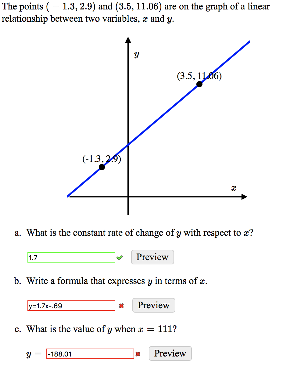 The points ( – 1.3, 2.9) and (3.5, 11.06) are on the graph of a linear
relationship between two variables, æ and y.
(3.5, 11.06)
(-1.3,29)
a. What is the constant rate of change of y with respect to x?
1.7
Preview
b. Write a formula that expresses y in terms of x.
|у-1.7х-.69
Preview
c. What is the value of y when x =
111?
y =
-188.01
Preview
