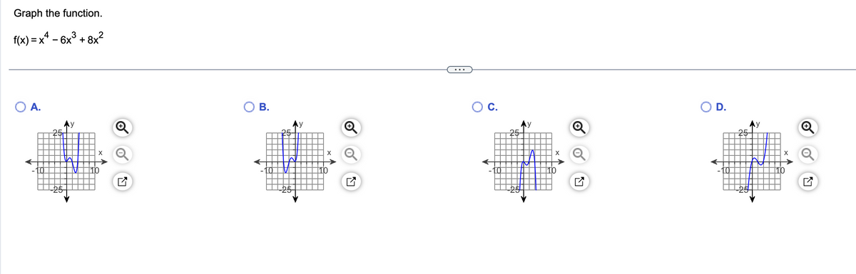 Graph the function.
4
f(x)=x² - 6x³ + 8x²
O A.
25
Ау
h
B.
25
~
-25
X
N
...
O C.
25-
X
N
O D.
25-
y
X
Ly