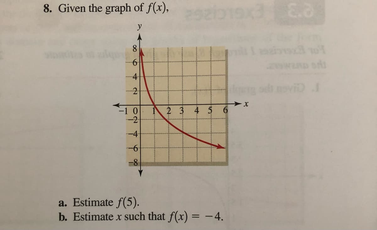 8. Given the graph of f(x),
8.
4-
-1 0
-2
2 3
4 56
-4
-8
a. Estimate f(5).
b. Estimate x such that f(x) = -4.
