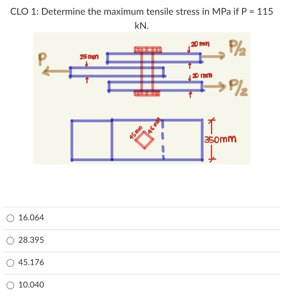 CLO 1: Determine the maximum tensile stress in MPa if P = 115
%3D
kN.
20 mm
25 mm
20 mm
45mm
3somm
16.064
28.395
45.176
10.040
46 mm
