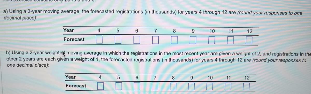 a) Using a 3-year moving average, the forecasted registrations (in thousands) for years 4 through 12 are (round your responses to one
decimal place):
Year
Forecast
4
Year
Forecast
5
4
6
5
7
6
8
b) Using a 3-year weighted moving average in which the registrations in the most recent year are given a weight of 2, and registrations in the
other 2 years are each given a weight of 1, the forecasted registrations (in thousands) for years 4 through 12 are (round your responses to
one decimal place):
7
9
8
10
9
11
10
12
11
12