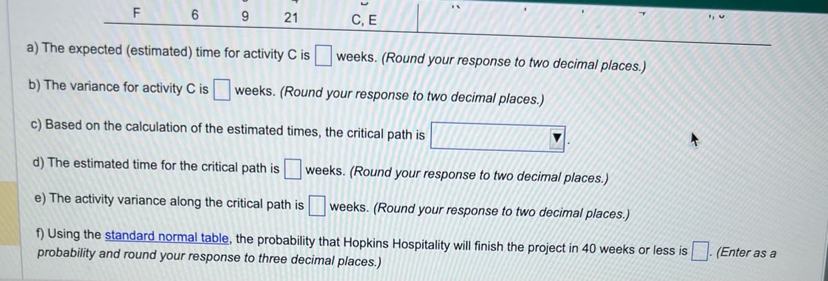 F
6
9
21
C, E
a) The expected (estimated) time for activity C is
b) The variance for activity C is
c) Based on the calculation of the estimated times, the critical path is
d) The estimated time for the critical path is
e) The activity variance along the critical path is
weeks. (Round your response to two decimal places.)
weeks. (Round your response to two decimal places.)
weeks. (Round your response to two decimal places.)
weeks. (Round your response to two decimal places.)
f) Using the standard normal table, the probability that Hopkins Hospitality will finish the project in 40 weeks or less is
probability and round your response to three decimal places.)
(Enter as a