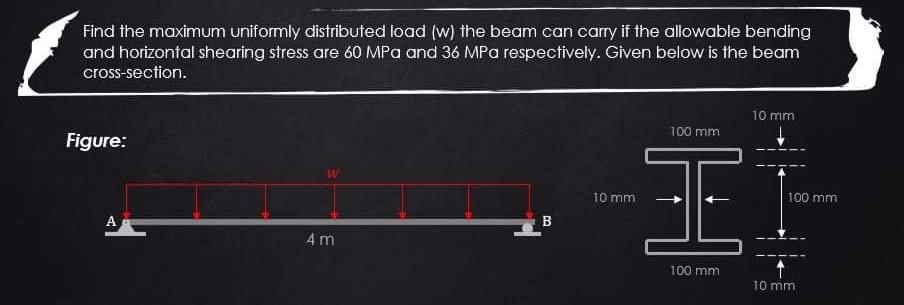 Find the maximum uniformly distributed load (w) the beam can carry if the allowable bending
and horizontal shearing stress are 60 MPa and 36 MPa respectively. Given below is the beam
cross-section.
10 mm
100 mm
Figure:
JE
W
10 mm
100 mm
A
4 m
100 mm
10 mm
