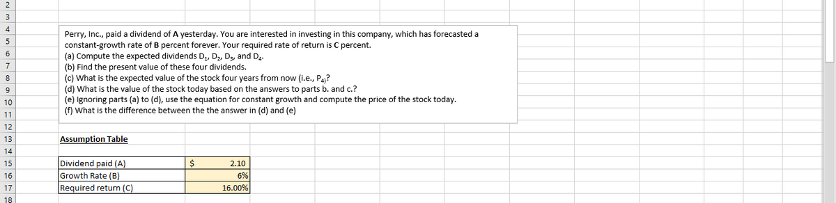 2
3
4
Perry, Inc., paid a dividend of A yesterday. You are interested in investing in this company, which has forecasted a
constant-growth rate of B percent forever. Your required rate of return is C percent.
(a) Compute the expected dividends D,, Dz, D3, and Da.
(b) Find the present value of these four dividends.
(c) What is the expected value of the stock four years from now (i.e., Pa?
5
6
7
8
(d) What is the value of the stock today based on the answers to parts b. and c.?
(e) Ignoring parts (a) to (d), use the equation for constant growth and compute the price of the stock today.
(f) What is the difference between the the answer in (d) and (e)
9
10
11
12
13
Assumption Table
14
Dividend paid (A)
Growth Rate (B)
Required return (C)
15
2.10
16
6%
17
16.00%
18
