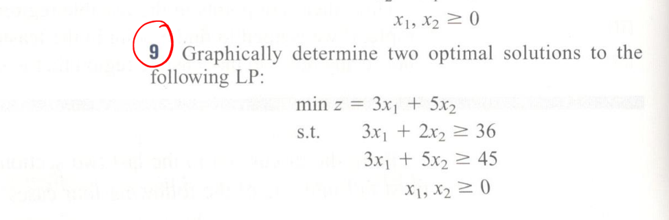 X1, X2 20
9 Graphically determine two optimal solutions to the
following LP:
min z =
3x1 + 5x2
3x1 + 2x2 > 36
3x1 + 5x2 2 45
s.t.
X1, X2 2 ()
