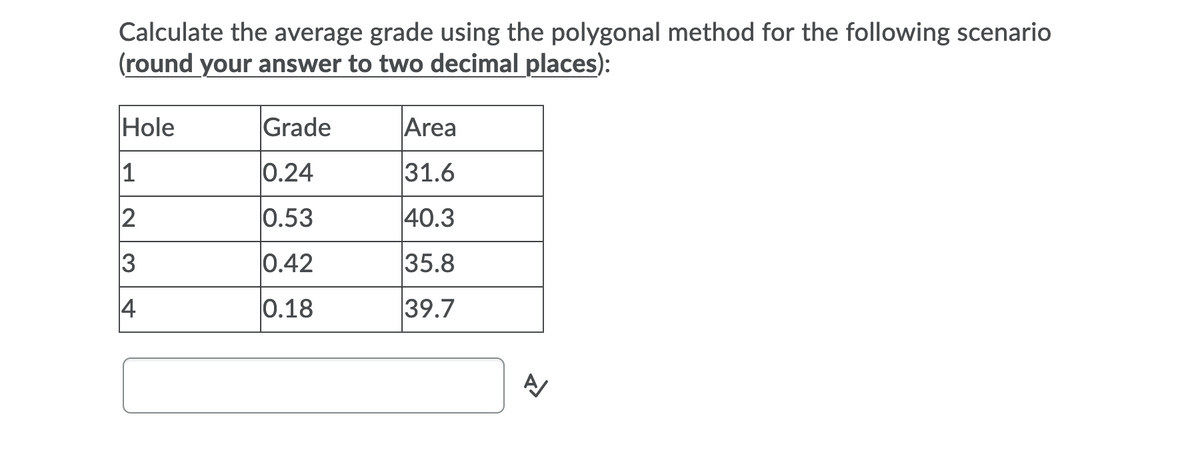 Calculate the average grade using the polygonal method for the following scenario
(round your answer to two decimal places):
Hole
Grade
Area
1
0.24
31.6
2
0.53
40.3
3
0.42
35.8
0.18
39.7
