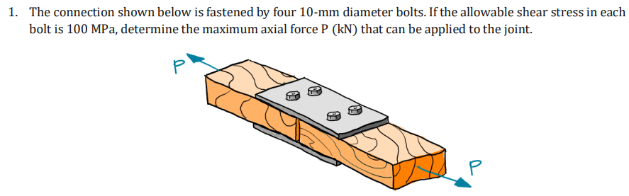 1. The connection shown below is fastened by four 10-mm diameter bolts. If the allowable shear stress in each
bolt is 100 MPa, determine the maximum axial force P (kN) that can be applied to the joint.
