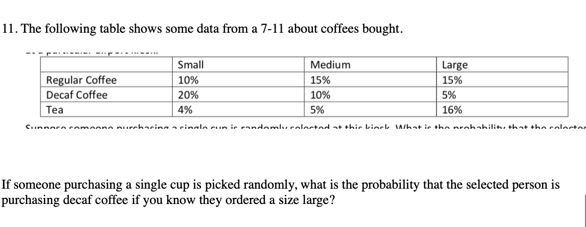 11. The following table shows some data from a 7-11 about coffees bought.
Small
Medium
Large
Regular Coffee
10%
15%
15%
Decaf Coffee
20%
10%
5%
Tea
4%
5%
16%
Cunnoce comoone nurchacinaa sinalo cun is ranomlu coloctod at thic kinck What ic tho prohabilitu that thn coloctos
If someone purchasing a single cup is picked randomly, what is the probability that the selected
purchasing decaf coffee if you know they ordered a size large?
person
is
