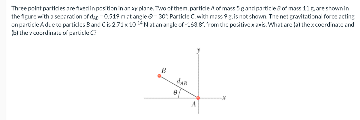 Three point particles are fixed in position in an xy plane. Two of them, particle A of mass 5 g and particle B of mass 11 g, are shown in
the figure with a separation of dAB = 0.519 m at angle O = 30°. Particle C, with mass 9 g, is not shown. The net gravitational force acting
on particle A due to particles Band C is 2.71 x 1o-14 N at an angle of -163.8°. from the positive x axis. What are (a) the x coordinate and
(b) the y coordinate of particle C?
B
dAB
A
