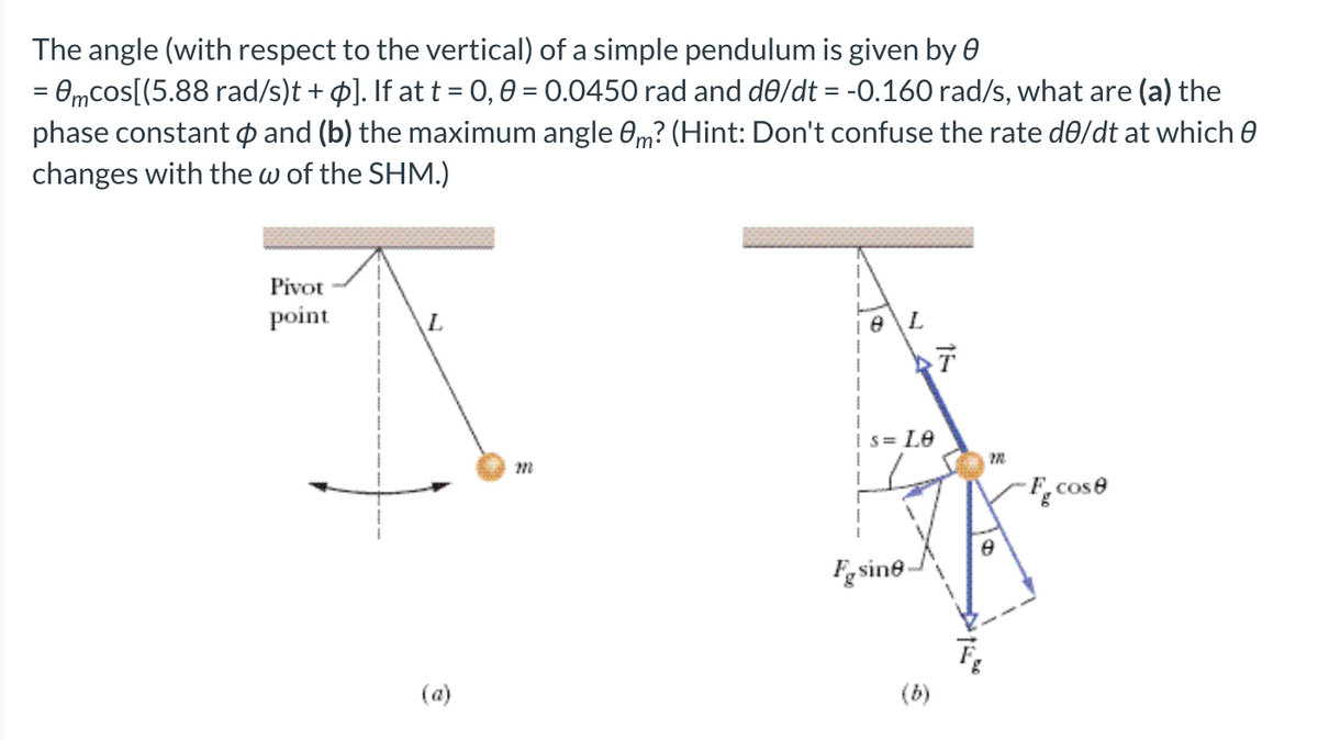 The angle (with respect to the vertical) of a simple pendulum is given by 0
= 0mcos[(5.88 rad/s)t + p]. If at t = 0, 0 = 0.0450 rad and d0/dt = -0.160 rad/s, what are (a) the
phase constant p and (b) the maximum angle 0m? (Hint: Don't confuse the rate d0/dt at which 0
changes with the w of the SHM.)
Pivot
point
L.
1e\L
Is= LO
F,cose
Fgsine
(a)
(b)
