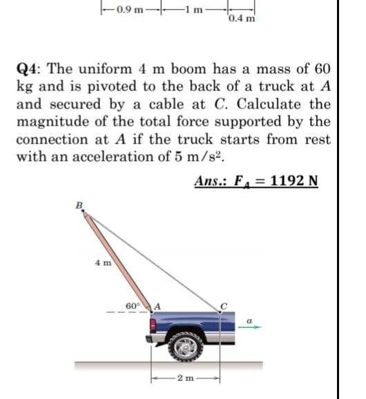 -0.9 m-
-1 m-
0.4 m
Q4: The uniform 4 m boom has a mass of 60
kg and is pivoted to the back of a truck at A
and secured by a cable at C. Calculate the
magnitude of the total force supported by the
connection at A if the truck starts from rest
with an acceleration of 5 m/s².
Ans.: F1192 N
B
4 m
60°
-2 m