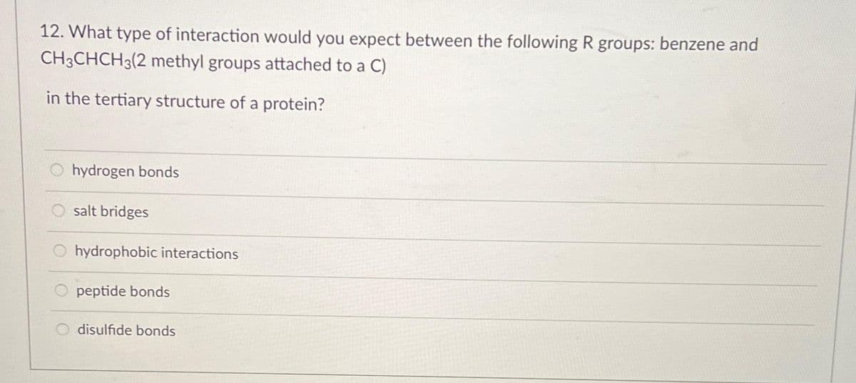 12. What type of interaction would you expect between the following R groups: benzene and
CH3CHCH3(2 methyl groups attached to a C)
in the tertiary structure of a protein?
hydrogen bonds
salt bridges
hydrophobic interactions
peptide bonds
disulfide bonds