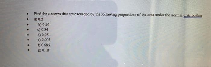 Find the z-scores that are exceeded by the following proportions of the area under the normal distribution
a) 0.5
b) 0.16
c) 0.84
d) 0.05
e) 0.005
)0.995
g) 0.10
