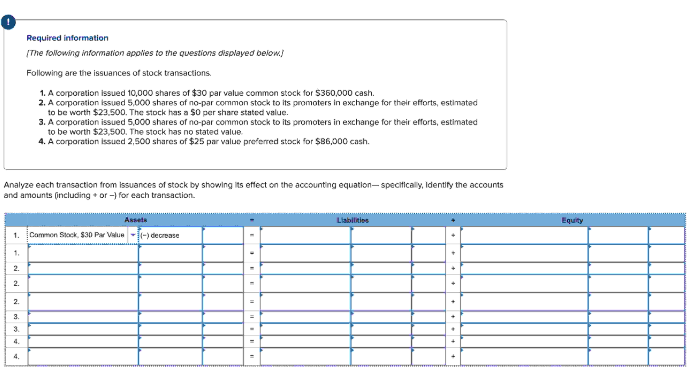 Required information
[The following information applies to the questions displayed below.)
Following are the issuances of stock transactions.
1. A corporation issued 10,000 shares of $30 par value common stock for $360,000 cash.
2. A corporation issued 5,000 shares of no-par common stock to its promoters in exchange for their efforts, estimated
to be worth $23.500. The stock has a $0 per share stated value.
3. A corporation issued 5,000 shares of no-par common stock to its promoters in exchange for their efforts, estimated
to be worth $23,500. The stock has no stated value.
4. A corporation issued 2,500 shares of $25 par value preferred stock for $86,000 cash.
Analyze each transaction from Issuances of stock by showing its effect on the accounting equation-specifically, Identify the accounts
and amounts (including + or -) for each transaction.
Assets
1. Common Stock, $30 Par Value(-) decrease
1.
2.
2.
2.
3.
3.
4.
4.
Liabilities
+
Equity