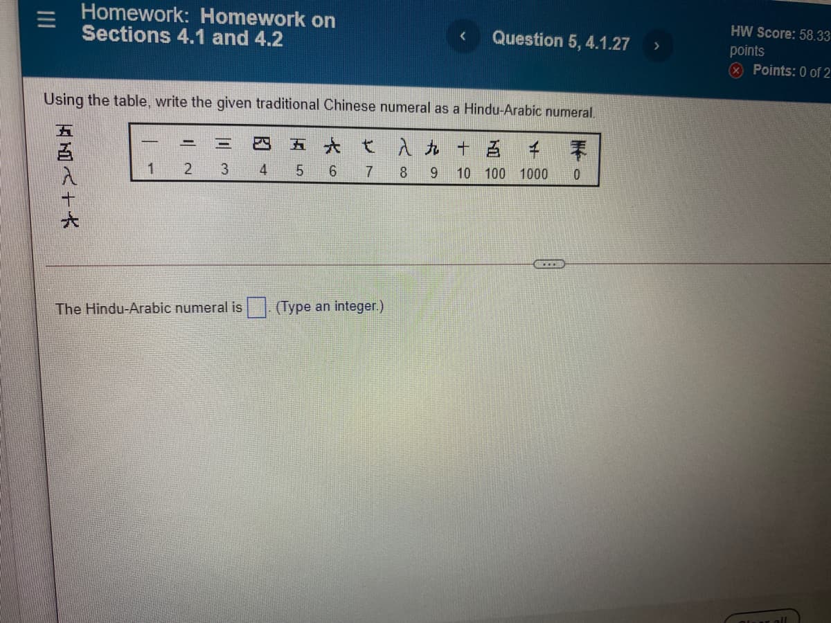 Homework: Homework on
Sections 4.1 and 4.2
HW Score: 58.33
Question 5, 4.1.27
points
x Points: 0 of 2
Using the table, write the given traditional Chinese numeral as a Hindu-Arabic numeral.
五大t 入九十るチ
1 2
4.
6.
8
9
10 100 1000
The Hindu-Arabic numeral is . (Type an integer.)
Oluur oll
||
II
