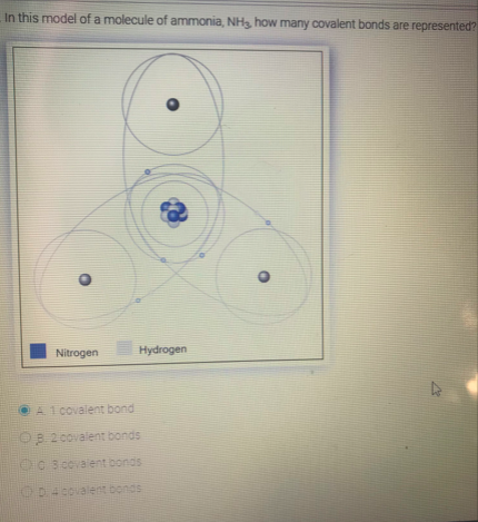 In this model of a molecule of ammonia, NHs, how many covalent bonds are represented?
Nitrogen
Hydrogen
A 1 covalent bond
20ovalent bonds
O0 3covalent bonds
OD4covalent bonds
