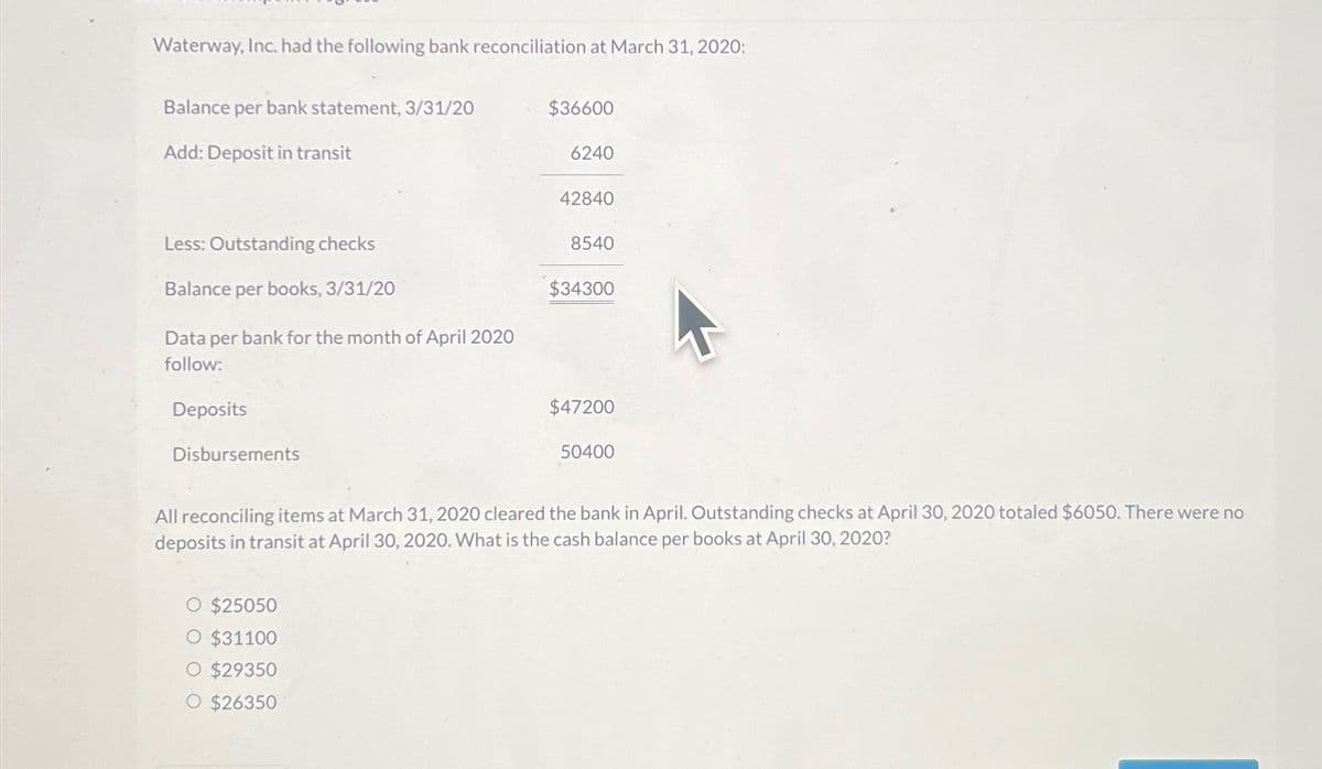 Waterway, Inc. had the following bank reconciliation at March 31, 2020:
Balance per bank statement, 3/31/20
Add: Deposit in transit
Less: Outstanding checks
Balance per books, 3/31/20
Data per bank for the month of April 2020
follow:
Deposits
Disbursements
$36600
O $25050
O $31100
O $29350
O $26350
6240
42840
8540
$34300
$47200
50400
All reconciling items at March 31, 2020 cleared the bank in April. Outstanding checks at April 30, 2020 totaled $6050. There were no
deposits in transit at April 30, 2020. What is the cash balance per books at April 30, 2020?