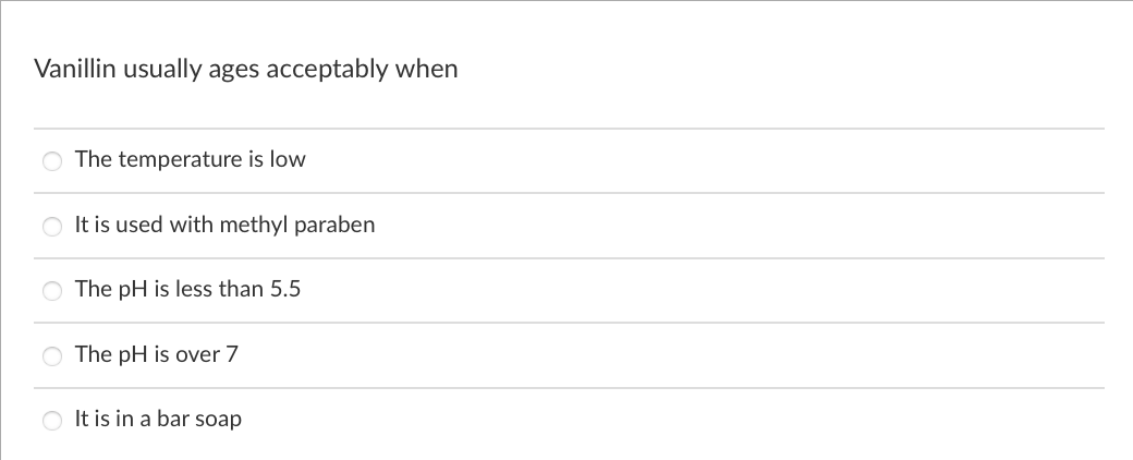 Vanillin usually ages acceptably when
The temperature is low
It is used with methyl paraben
The pH is less than 5.5
O The pH is over 7
It is in a bar soap