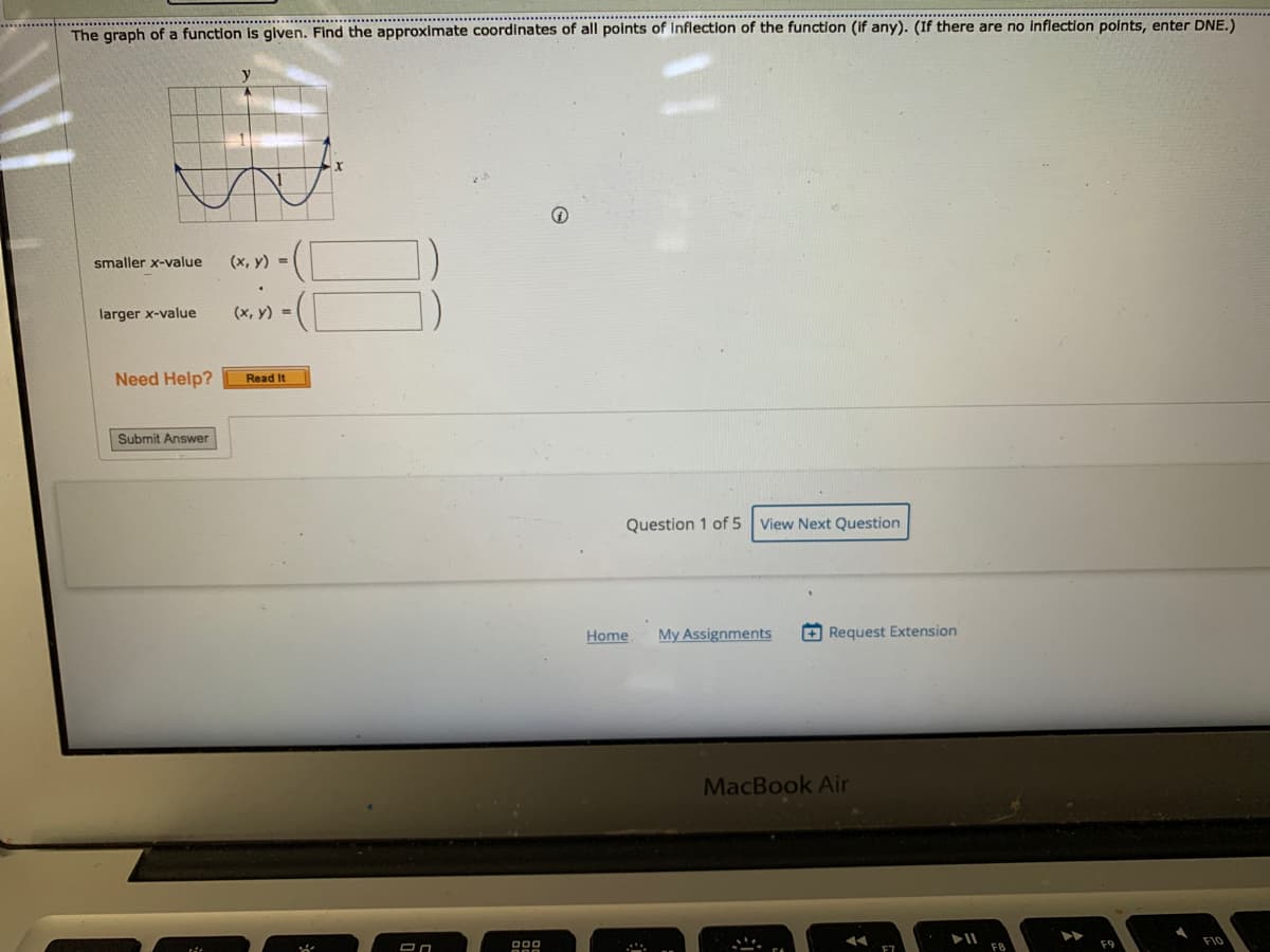 ....................................**.
The graph of a function is given. Find the approximate coordinates of all points of Inflection of the function (if any). (If there are no inflection points, enter DNE.)
smaller x-value
(х, у) -
larger x-value
(x, y) =
Need Help?
Read It
Submit Answer
Question 1 of 5
View Next Question
My Assignments
+ Request Extension
Home
MacBook Air
