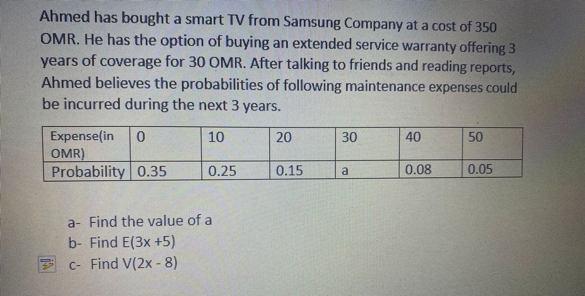 Ahmed has bought a smart TV from Samsung Company at a cost of 350
OMR. He has the option of buying an extended service warranty offering 3
years of coverage for 30 0MR. After talking to friends and reading reports,
Ahmed believes the probabilities of following maintenance expenses could
be incurred during the next 3 years.
Expense(in
OMR)
0.
| 10
20
30
40
50
Probability 0.35
0.25
0.15
0.08
0.05
a- Find the value of a
b- Find E(3x +5)
2 C- Find V(2x - 8)
