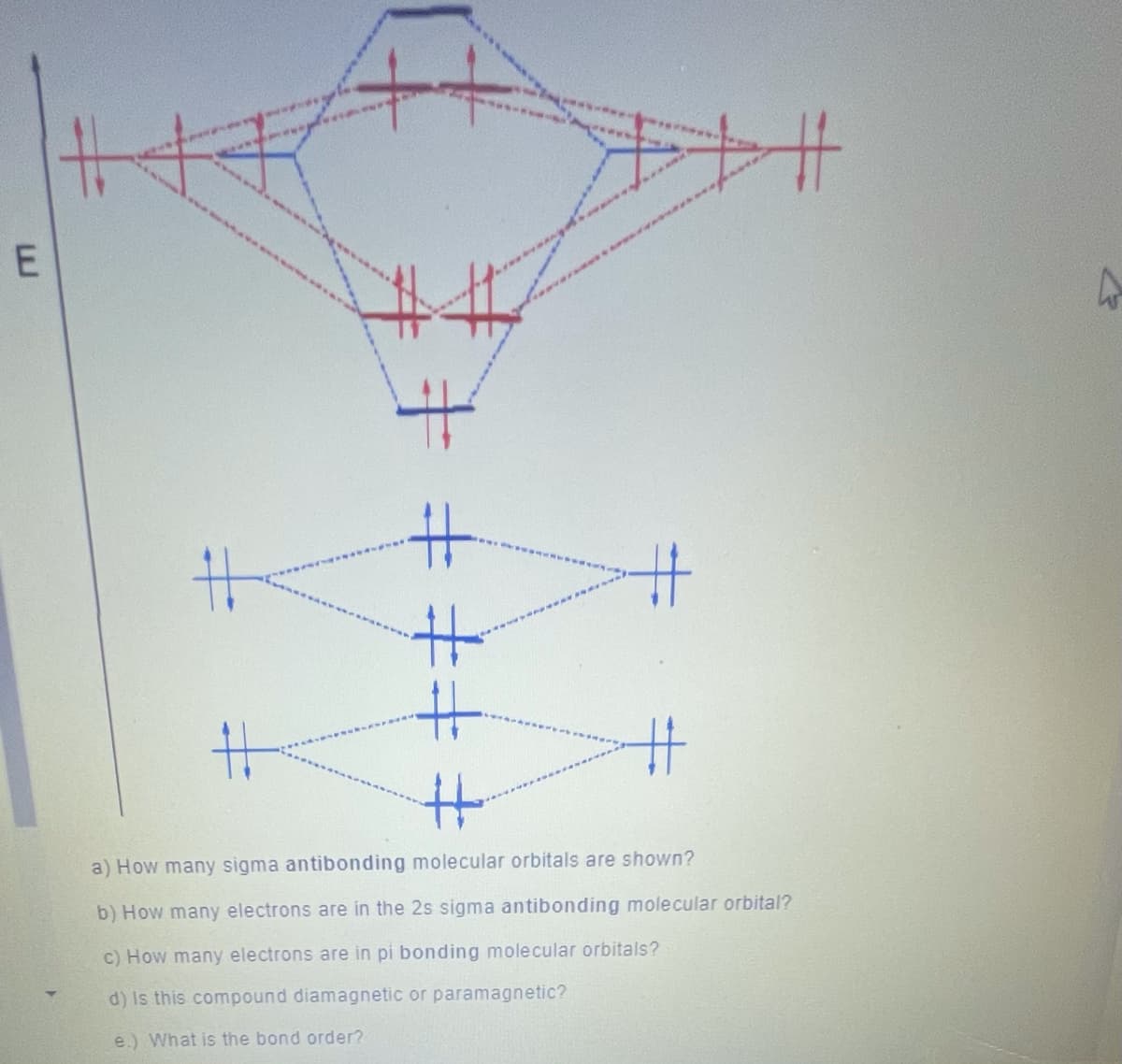 キ
%23
%23
%23
%23
%23
%23
a) How many sigma antibonding molecular orbitals are shown?
b) How many electrons are in the 2s sigma antibonding molecular orbital?
c) How many electrons are in pi bonding molecular orbitals?
d) Is this compound diamagnetic or paramagnetic?
e.) What is the bond order?
E.
