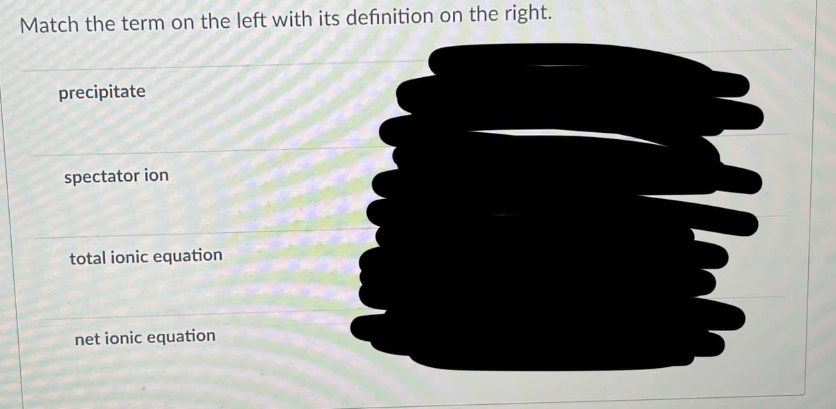 Match the term on the left with its definition on the right.
precipitate
spectator ion
total ionic equation
net ionic equation
_