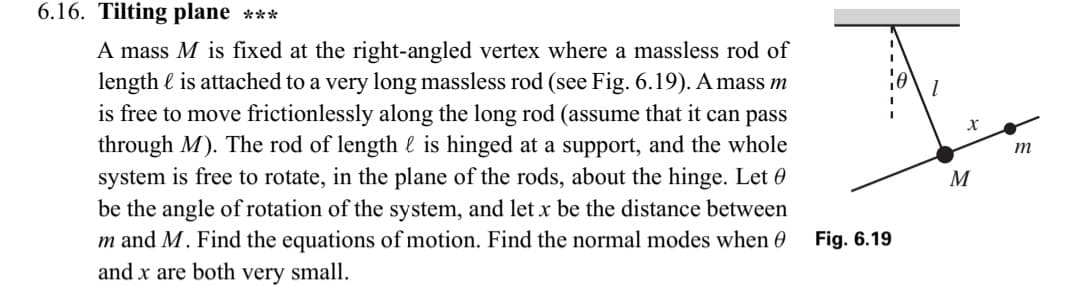 6.16. Tilting plane ***
A mass M is fixed at the right-angled vertex where a massless rod of
length & is attached to a very long massless rod (see Fig. 6.19). A mass m
is free to move frictionlessly along the long rod (assume that it can pass
through M). The rod of length is hinged at a support, and the whole
system is free to rotate, in the plane of the rods, about the hinge. Let
be the angle of rotation of the system, and let x be the distance between
m and M. Find the equations of motion. Find the normal modes when
and x are both very small.
Fig. 6.19
X
M
m