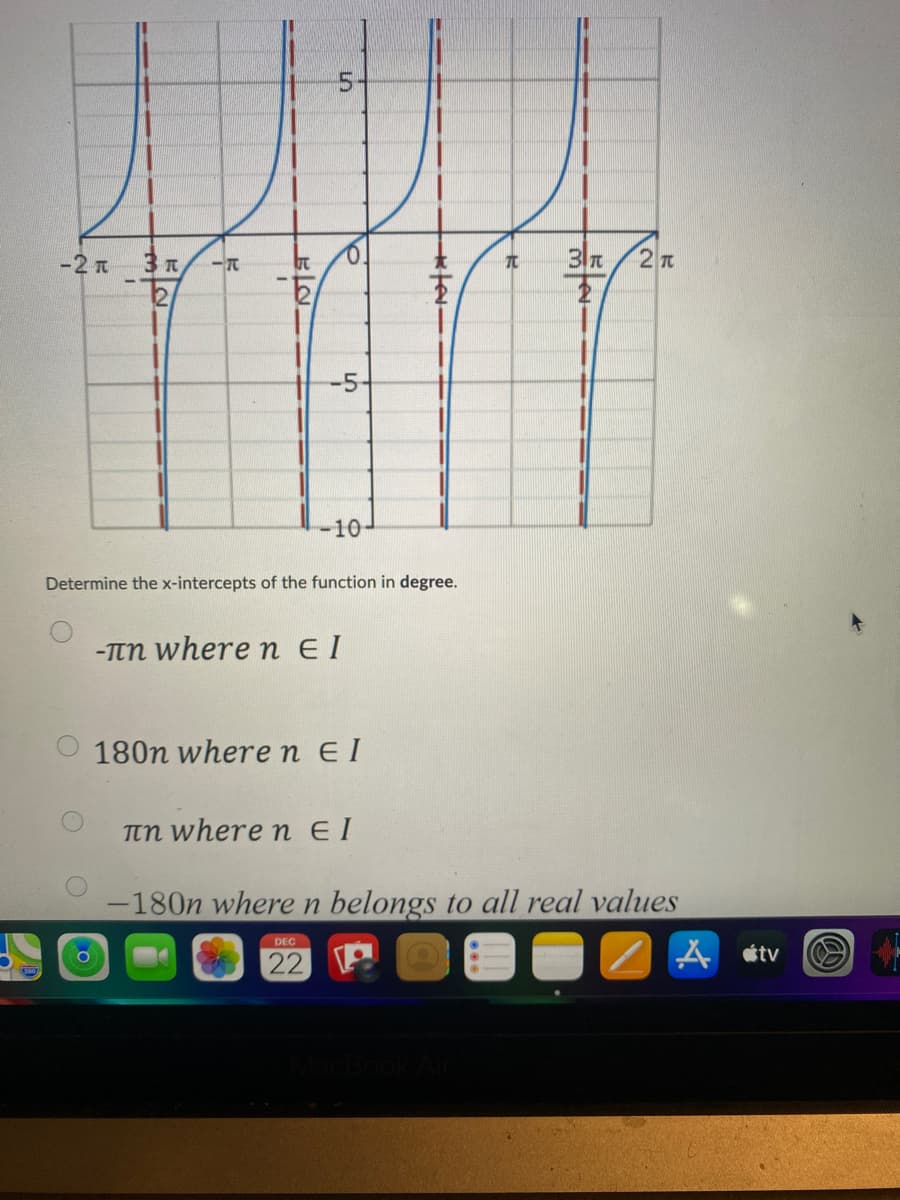 -2 T
3 R -T
ܩܐܩ
5
b
-5-
-10-
-πη where n el
DEC
22
Determine the x-intercepts of the function in degree.
180n wheren EI
ster--
70
MacBook Air
3 π
лn where n EI
-180n where n belongs to all real values
2π
Atv