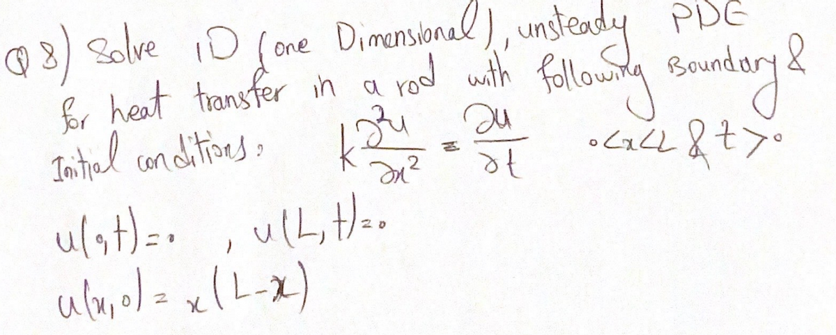 @ 8) Solve 1D fone
& hest thansfer in a rod with followg soundary &
Intial conditineso
Dimensional), unsteady PDE
ulst)=,
